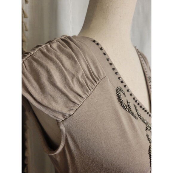 Alfani Beaded Rouched Shoulder Beige Sleeveless Top Small - Picture 5 of 9